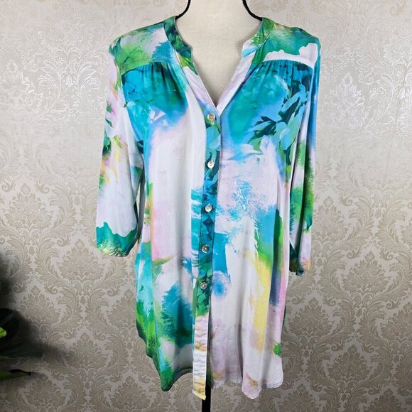 Anthropologie Fig & Flower XL Watercolor Floral Blouse Mother of Pearl Buttons - Picture 1 of 13
